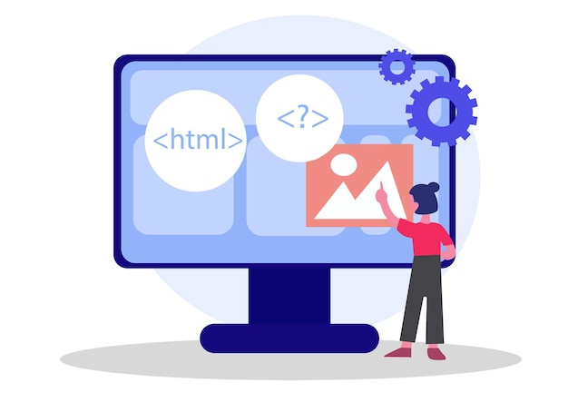 Flat illustration of web programmer or developer optimizing code programming through HTML language