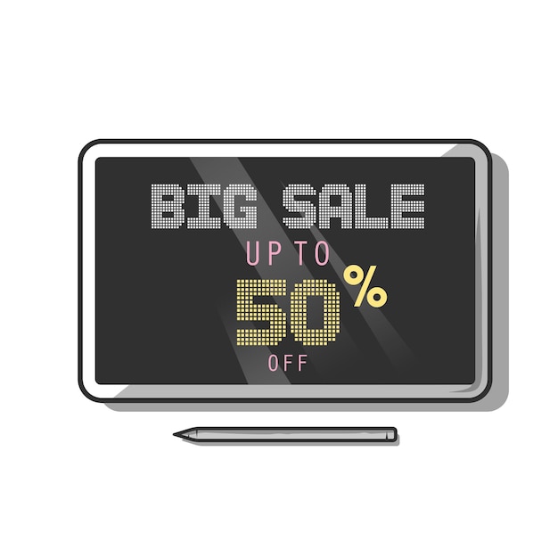 Flat illustration of white tablet computer with pencil presenting big sale isolated on white background