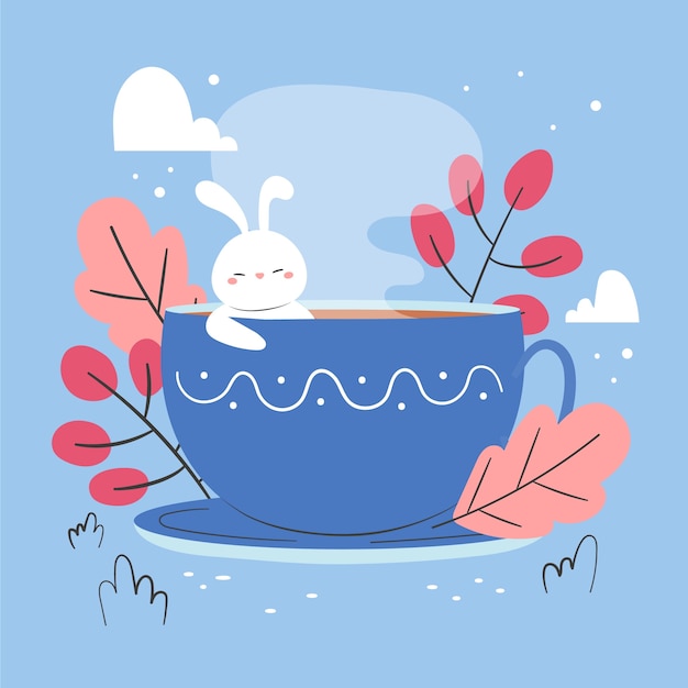 Flat illustration for winter season with bunny sitting in hot drink cup