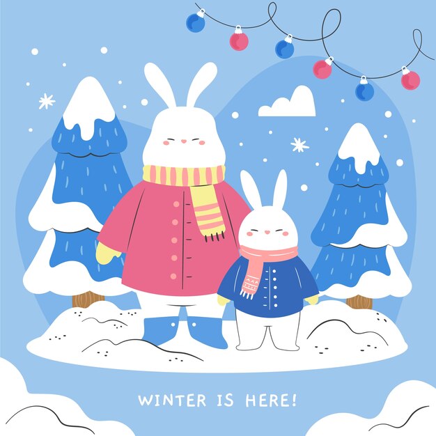 Vector flat illustration for winter season with family of bunnies