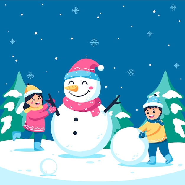 Flat illustration for winter season with kids building a snowman