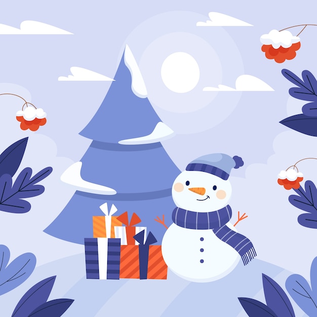 Vector flat illustration for winter season with snowman and gifts