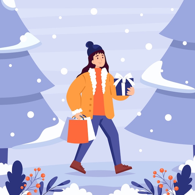 Vector flat illustration for winter season with woman carrying present