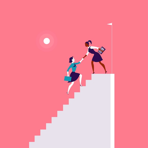 赤い背景に一緒に白い階段の上に登るビジネスの女性とフラットなイラスト。勝利、達成、目標の達成、パートナーシップ、モチベーション、女性チーム、フェミニズム-比喩。