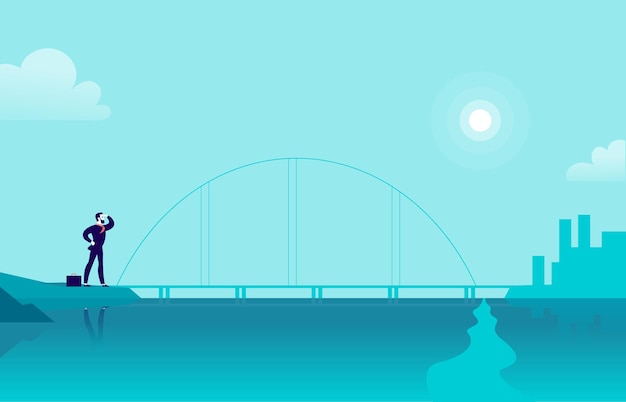 Vector flat illustration with businessman standing at sea coast bridge looking at city on another side