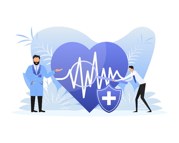 Flat illustration with cardiogram people doctor vector flat illustration