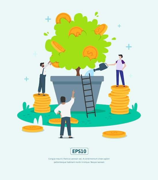 Flat illustration with character, plants and coins growing business