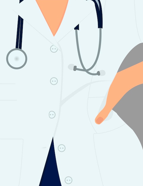 Flat illustration with doctor or nurse in white coat with stethoscope on grey background