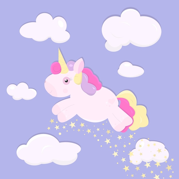 Flat illustration with flying through clouds cute pink unicorn