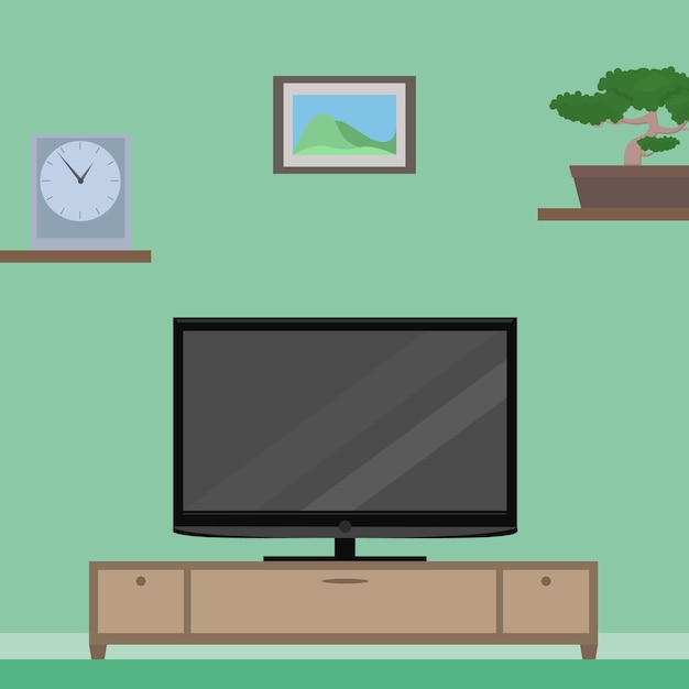 Vector flat illustration with furniture. tv, bollard, clock, flower, picture.