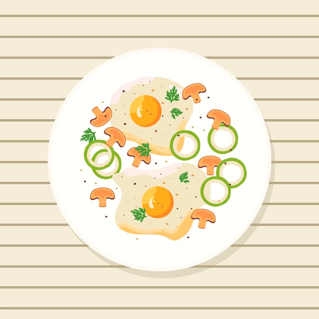 Flat illustration with healthy breakfast Fried egg mushroom and onion on plate