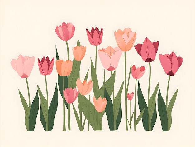 Flat illustration with lots of red yellow and light tulips in line on a light yellow background