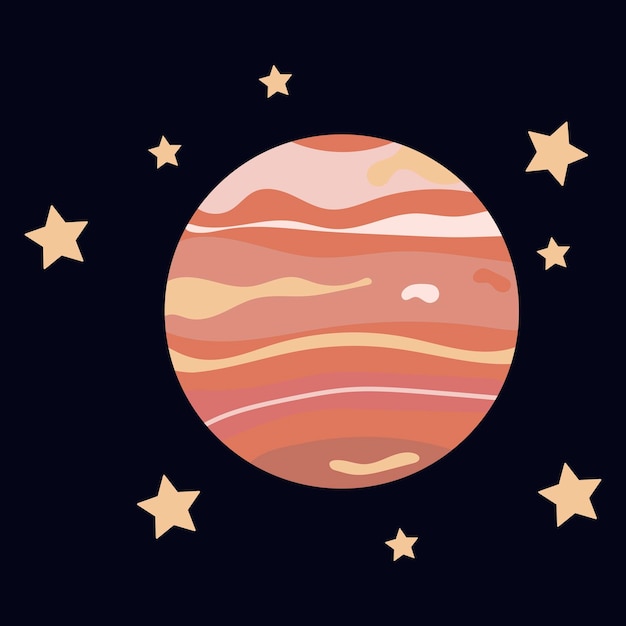 Vector flat illustration with planet jupiter with stars on dark background