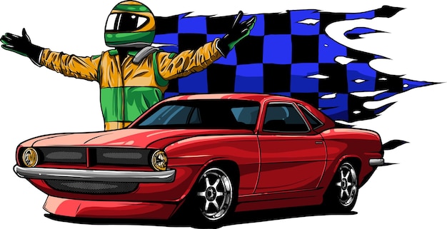 Flat illustration with race car and racer