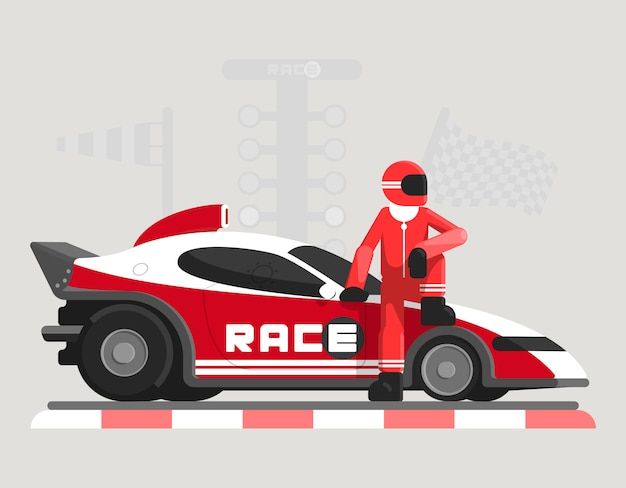 Illustrazione piatta con macchina da corsa e racer