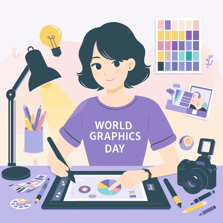 Vector ペンとタブレットを使ってグラフィックデザインをしている女性の平らなイラスト