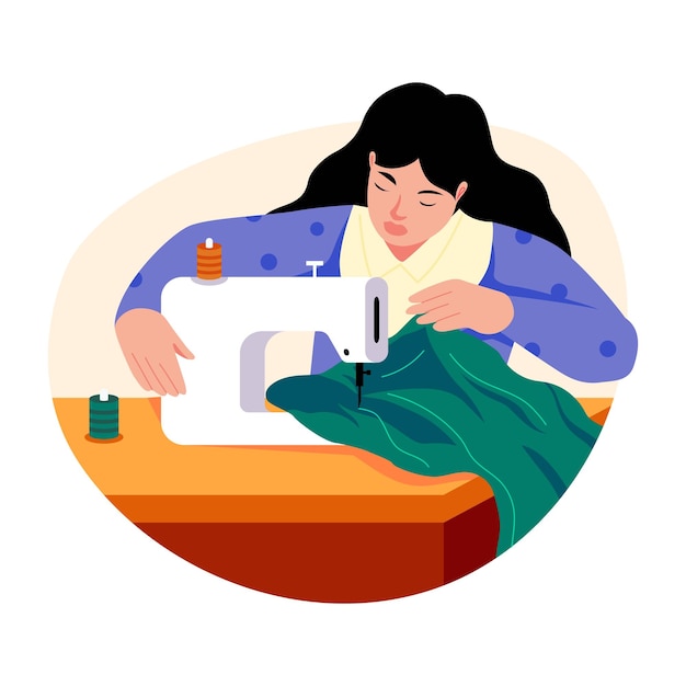 flat illustration of a woman sewing clothes with a machine