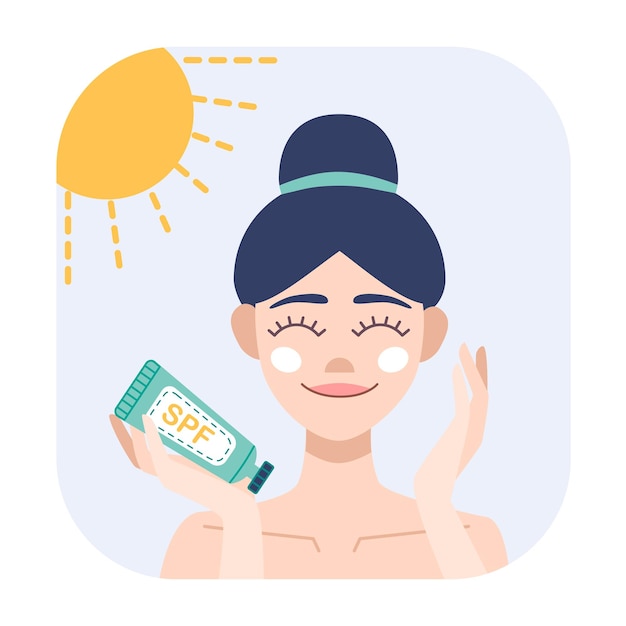 Flat illustration woman takes care of skin, sunscreen spf cream