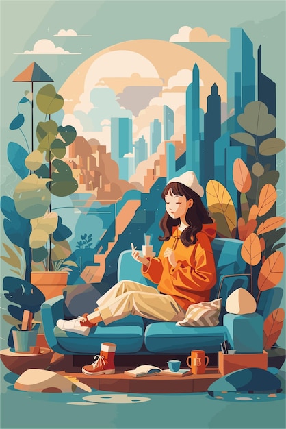 A flat illustration of woman with cozy vibes v