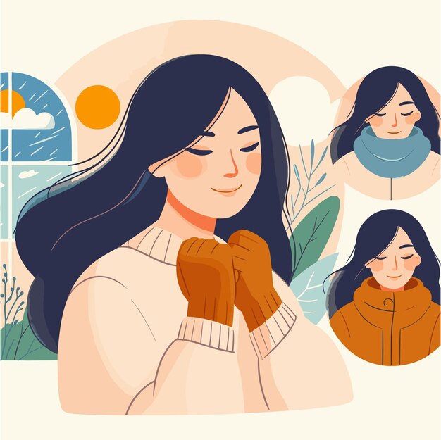 Vector a flat illustration of woman with dream cozy and calm with weathers in the background