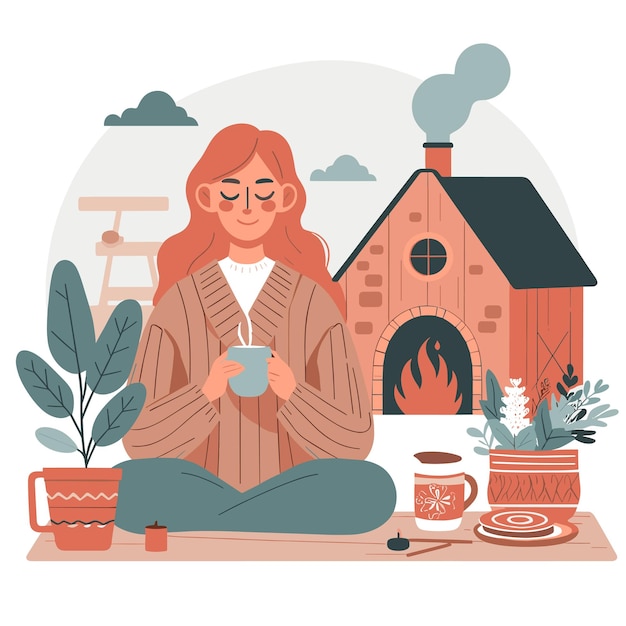 A flat illustration of a woman with hygge life in white background