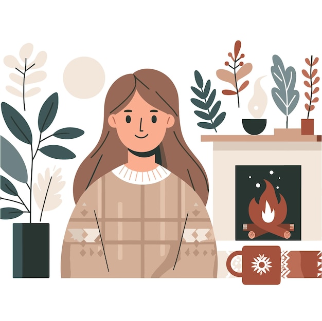 Vector a flat illustration of a woman with hygge life in white background