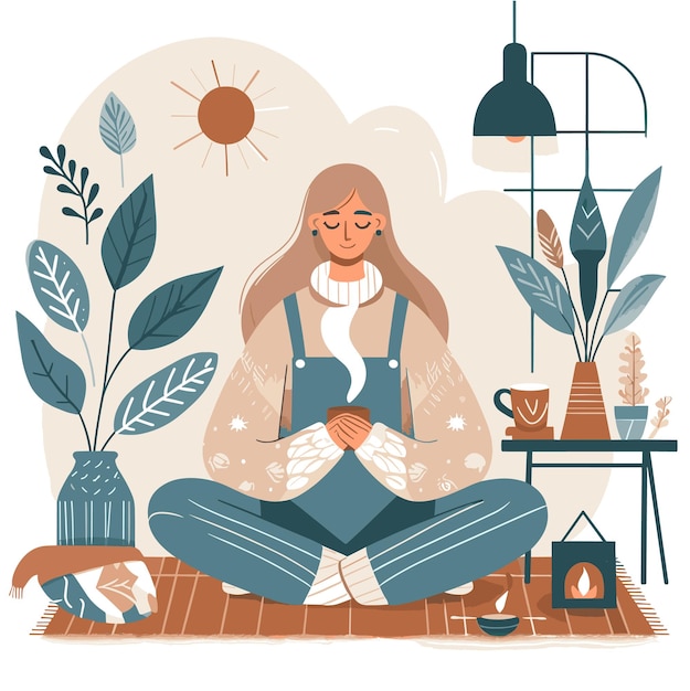 Vector a flat illustration of a woman with hygge life in white background