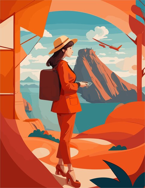 Vector flat illustration of woman with landscape background