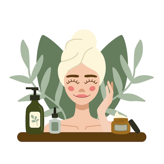 Flat illustration woman with towel on head takes care of skin. Cleanser, facial cerum and cream.