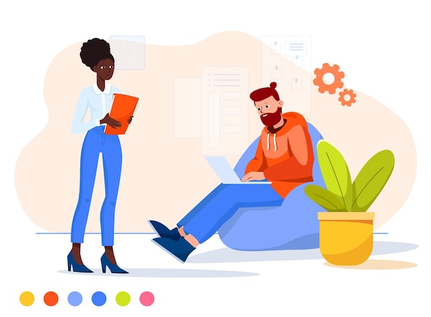 Flat illustration working in the office. Afro girl employee talking to a manager sitting on a pouffe