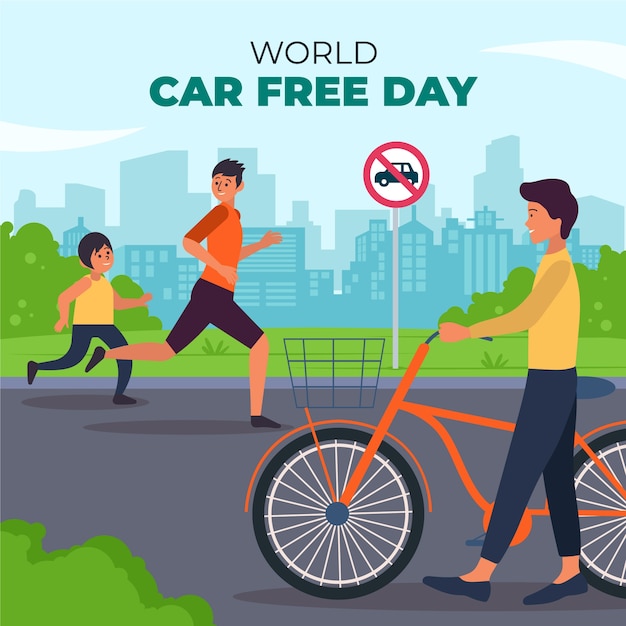 Плоская иллюстрация ко всемирному дню без автомобиля