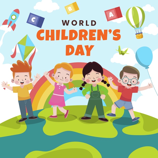 子供たちが遊んでいる世界子供の日のお祝いのためのフラットの図