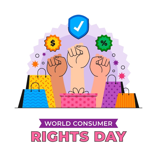 Vettore illustrazione piatta per la giornata mondiale dei diritti dei consumatori.