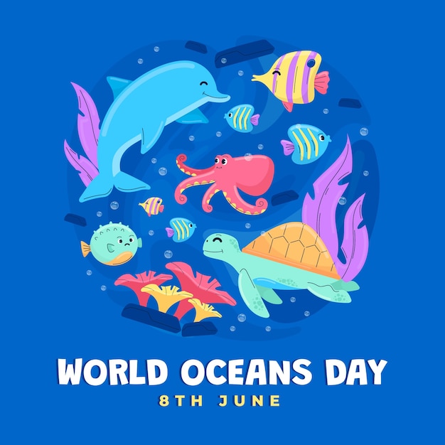 Vector flat illustration for world oceans day celebration with oceanic life