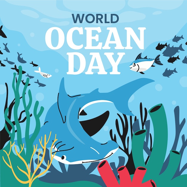 Flat illustration for world oceans day celebration with oceanic life