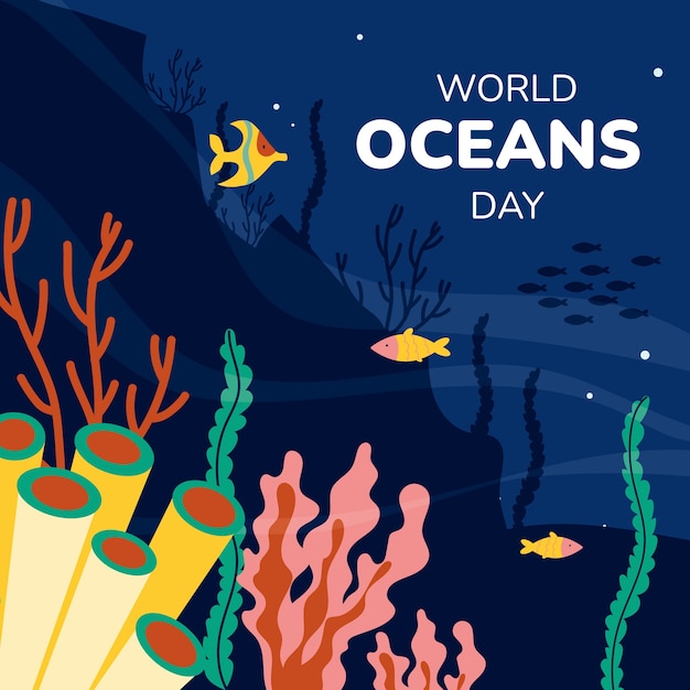 Flat illustration for world oceans day celebration with oceanic life