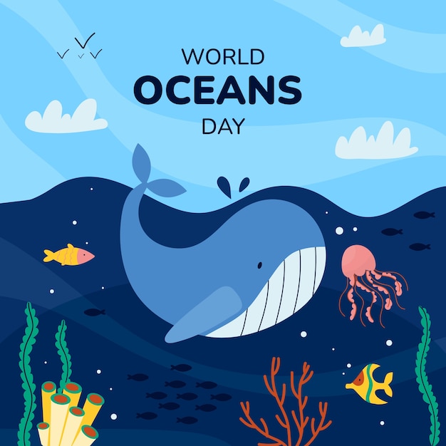 Illustrazione piatta per la celebrazione della giornata mondiale degli oceani con la vita oceanica