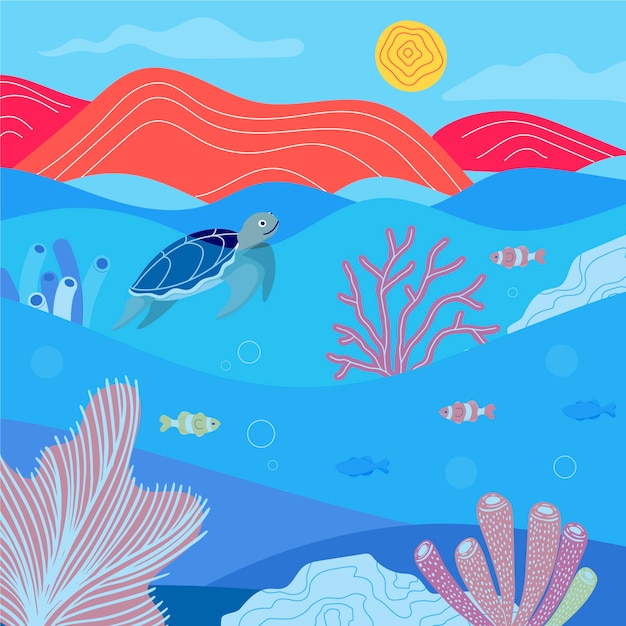 Flat illustration for world oceans day with aquatic creatures