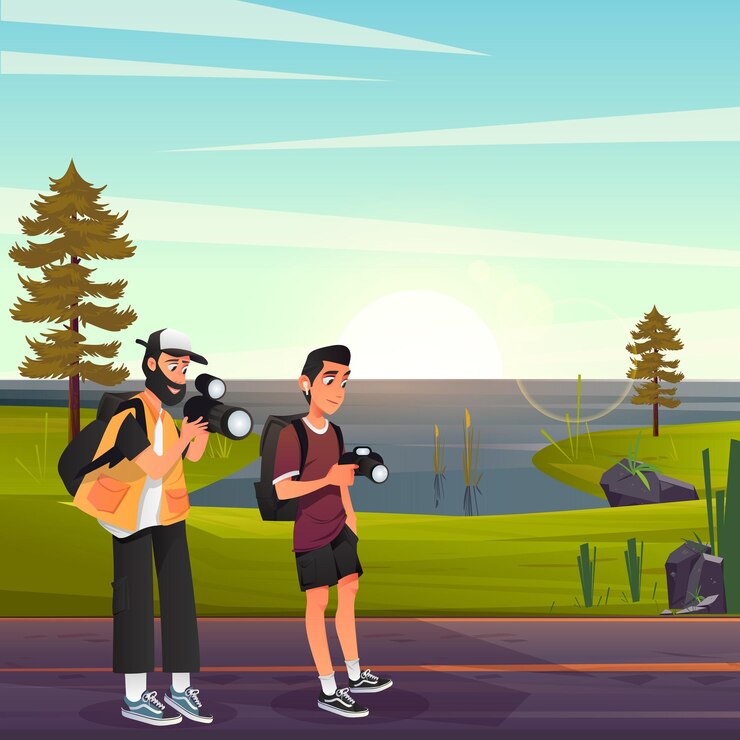 Vector flat illustration for world photography day celebration with sunset view