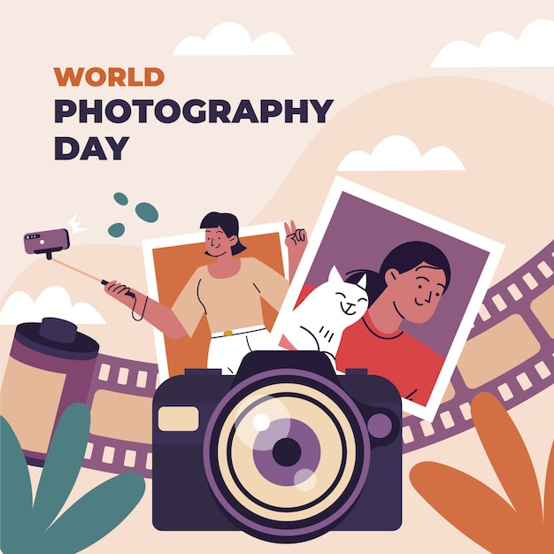 世界の写真撮影の日のフラットイラスト