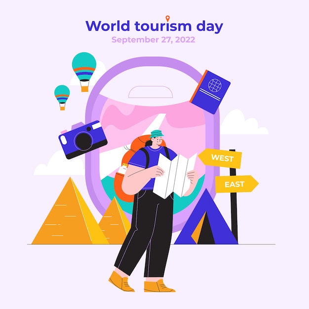 Vettore illustrazione piatta per la celebrazione della giornata mondiale del turismo