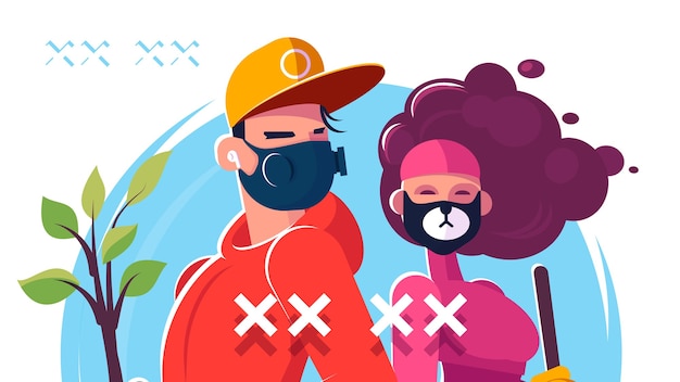 Vector flat illustration for young pair of characters at period of covid19 epidemy. lively concept design. workers with professional tools and respiratory masks in epic pose.