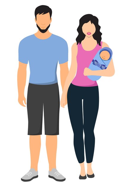 Vector flat illustration of young parents mother holding infant newborn baby in hand