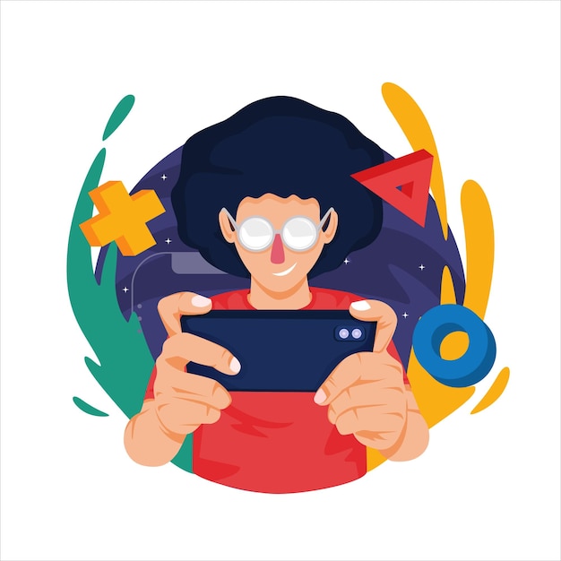 Flat illustration of young people playing mobile games