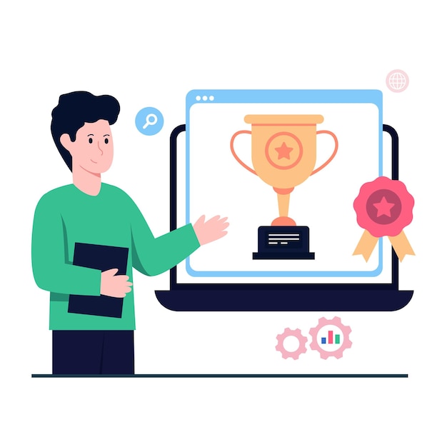 Flat Illustrations of awarded website trophy on webpage