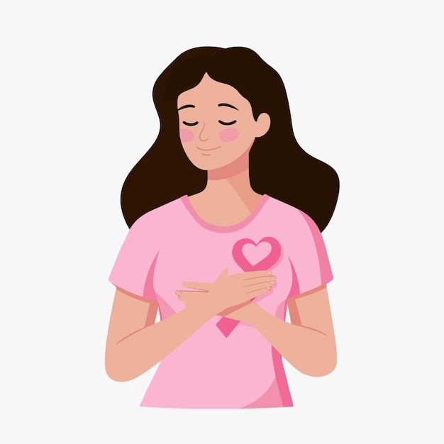 ピンクのTシャツを着た女性が手を握っているフラットイラストとアウェアネスピンクのリボンベクトル