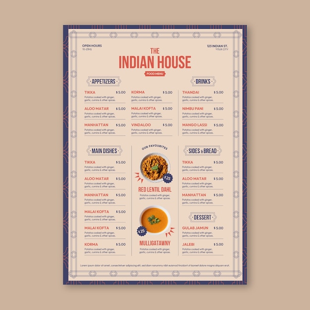 flat indian food menu template