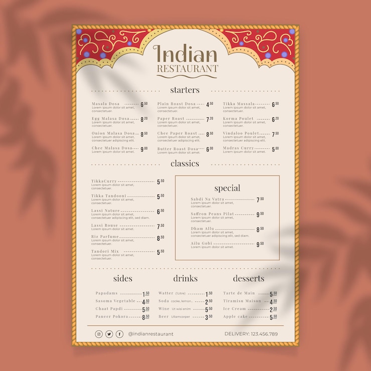 Vector flat indian menu template