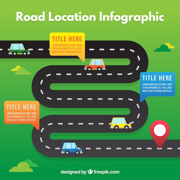 Flat infografie van de weg locatie met auto's