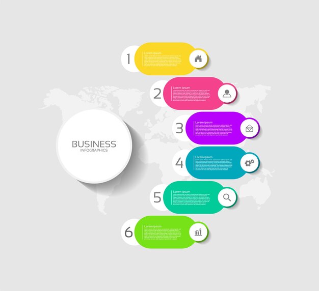 6 단계와 다채로운 평면 infographic 비즈니스 템플릿 추상적인 배경